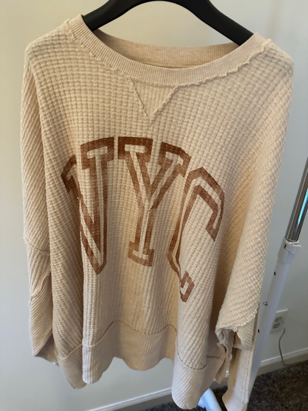 American Eagle Outfitters Cream Waffle Knit NY Crewneck Sweater with Brown Logo